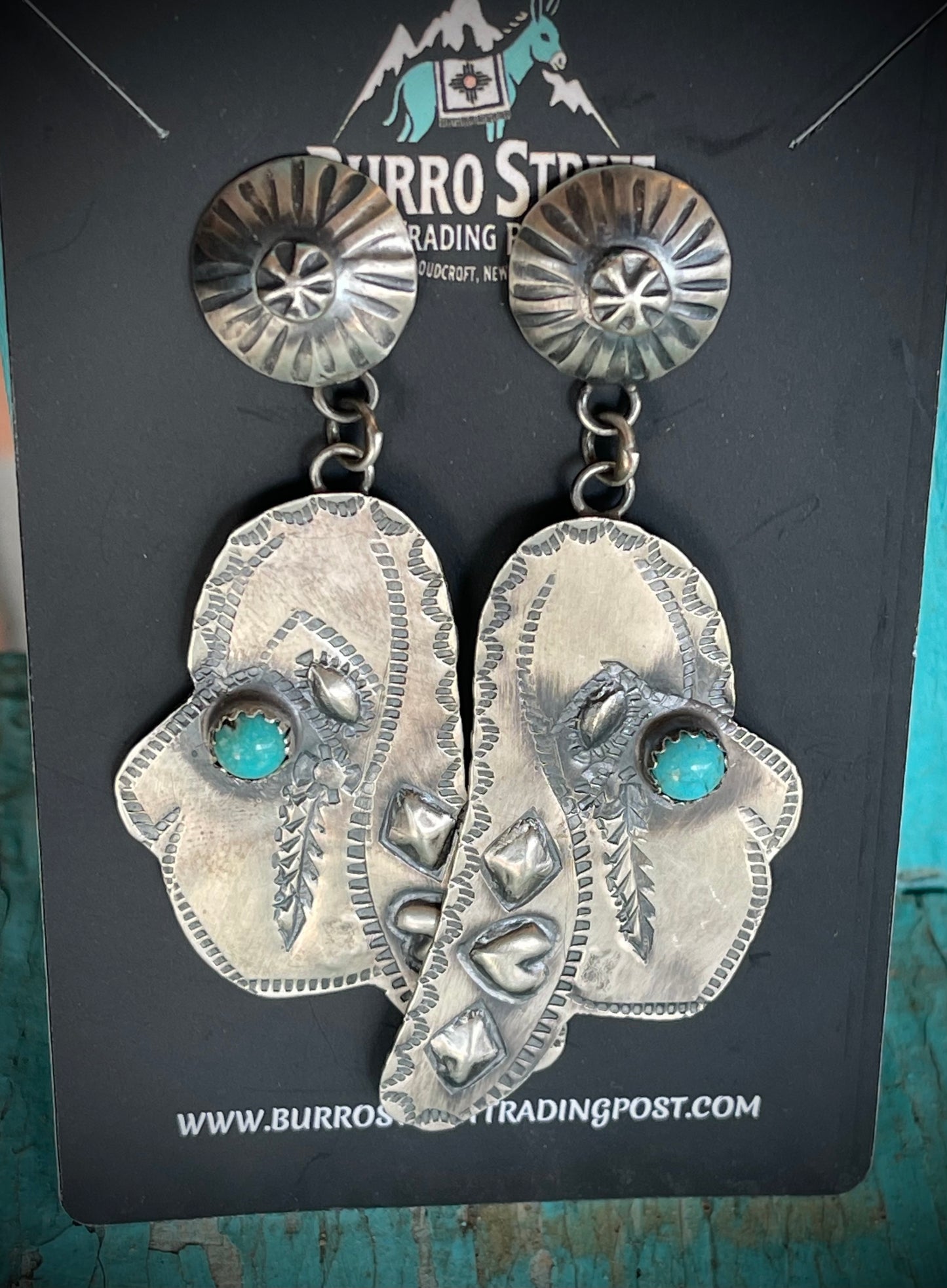 🔥CRAIGS SMOKIN’ HOT STEAL🔥 Sterling Silver Navajo Handmade Kingman Turquoise Stamped Cowboy Hat Earrings🔥