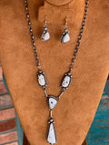 Sterling Silver Navajo Handmade White Buffalo Lariat/Earring Set