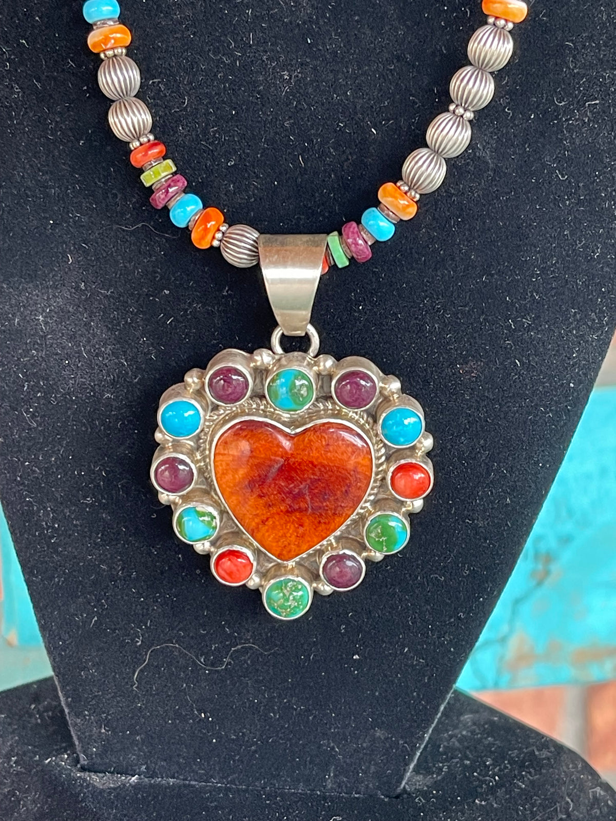 🔥SOLD🔥CRAIGS SMOKIN’ HOT STEAL🔥Sterling Silver Navajo Handmade Multi-stone Necklace and Heart Pendant🔥