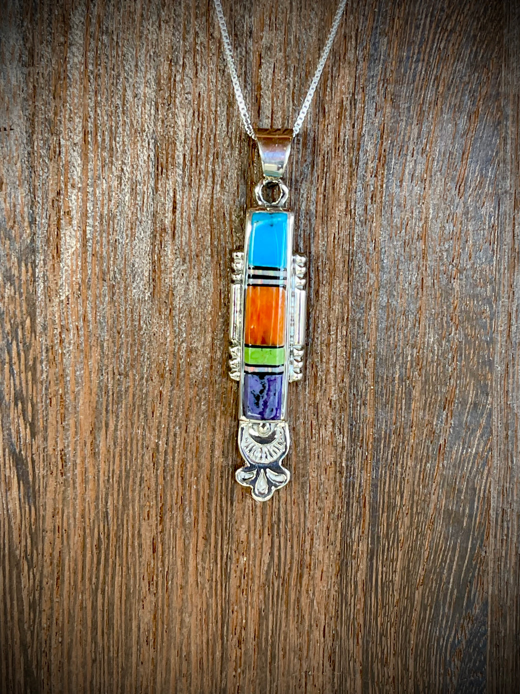 🔥CRAIGS SMOKIN’ HOT STEAL🔥Sterling Silver Navajo Handmade Multi-stone Inlay Pendant w/ 18” Chain🔥