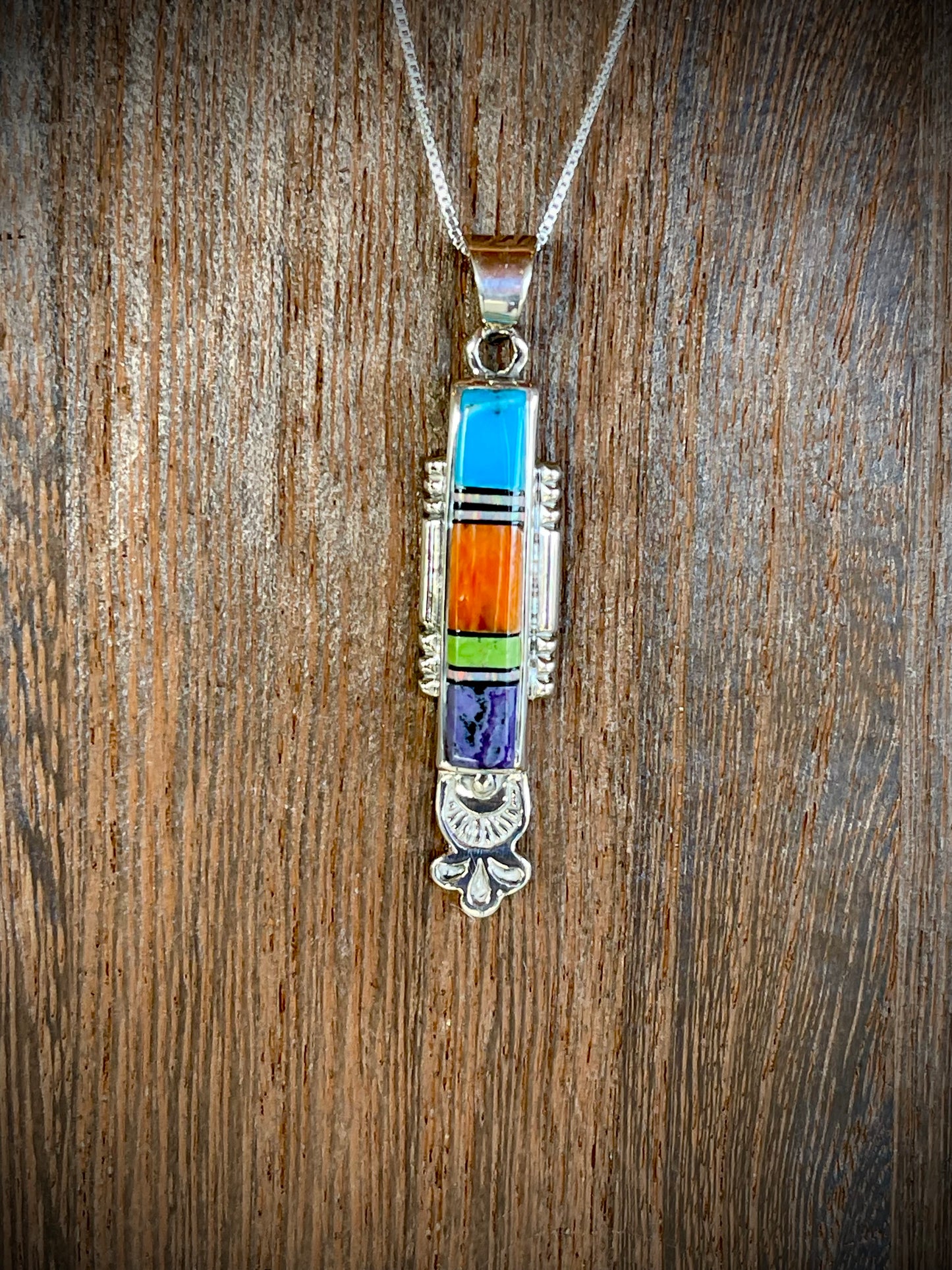 🔥CRAIGS SMOKIN’ HOT STEAL🔥Sterling Silver Navajo Handmade Multi-stone Inlay Pendant w/ 18” Chain🔥