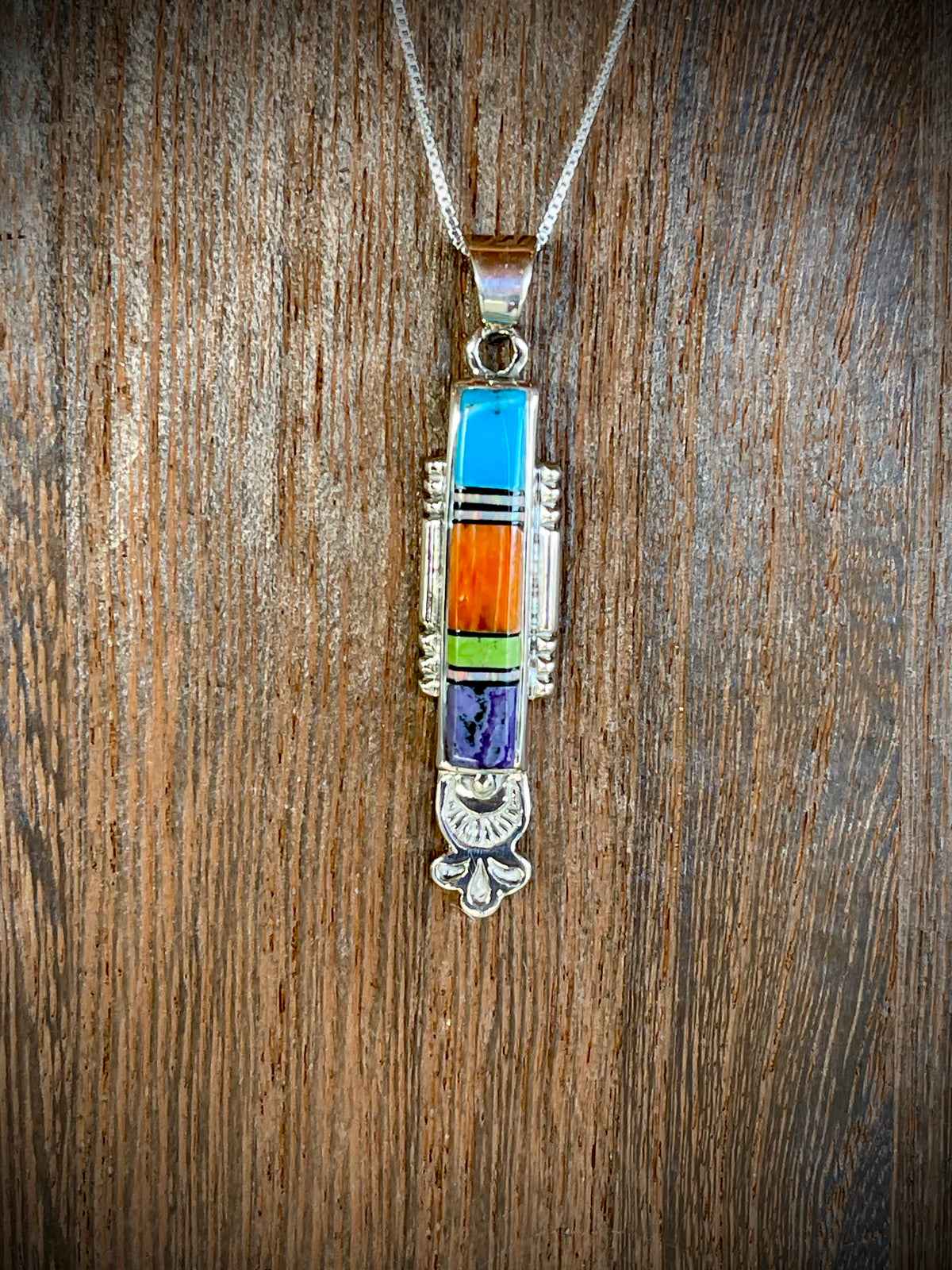 🔥CRAIGS SMOKIN’ HOT STEAL🔥Sterling Silver Navajo Handmade Multi-stone Inlay Pendant w/ 18” Chain🔥
