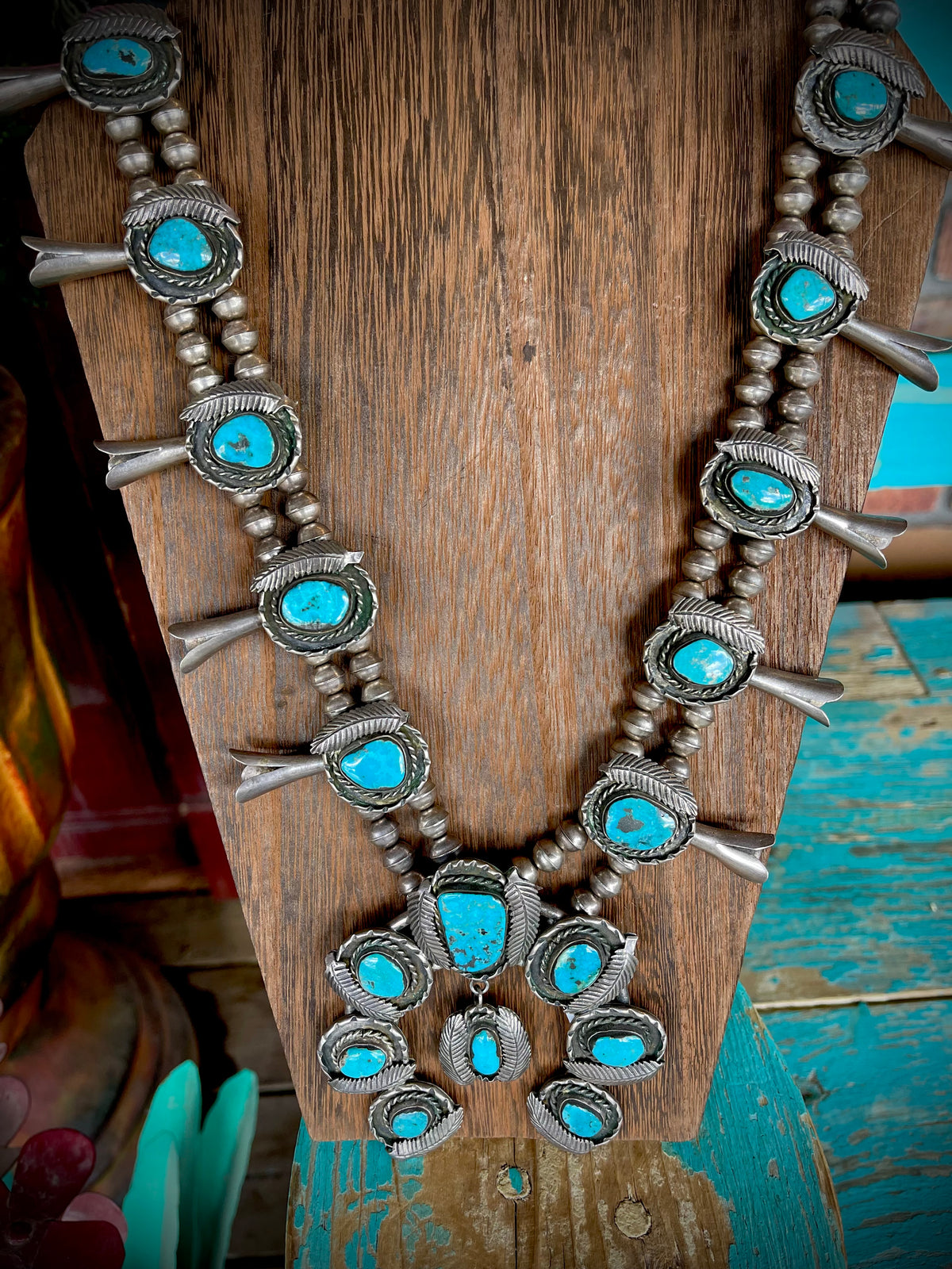 🔥CRAIG’S SMOKIN’ HOT STEAL🔥Sterling Silver Vintage Handmade Kingman Turquoise Squash Blossom Necklace🔥