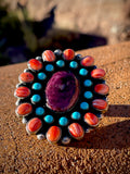 🔥CRAIG’S SMOKIN’ HOT STEAL🔥Sterling Silver Navajo Handmade Sleeping Beauty Turquoise w/ Orange and Purple Spiny Oyster Cluster Adjustable Ring🔥