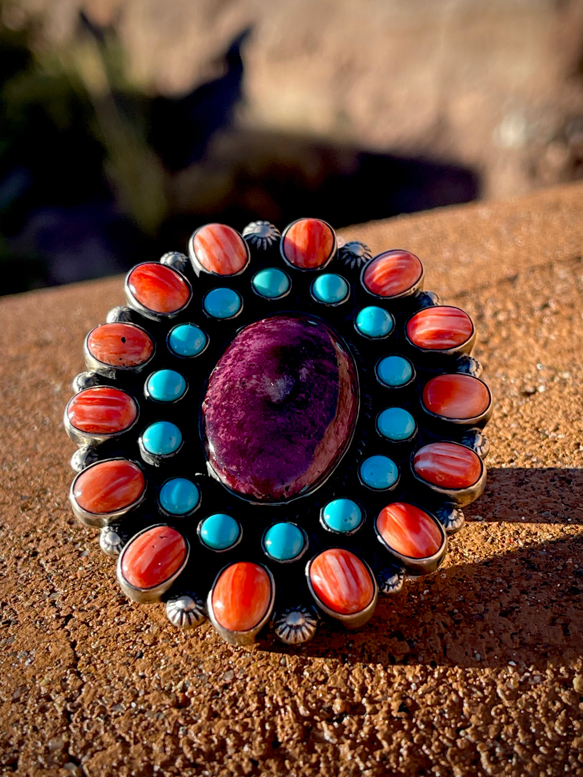🔥CRAIG’S SMOKIN’ HOT STEAL🔥Sterling Silver Navajo Handmade Sleeping Beauty Turquoise w/ Orange and Purple Spiny Oyster Cluster Adjustable Ring🔥