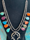 Vintage Sterling Silver Navajo Handmade Muti-Stone Yei Squash Statement Necklace