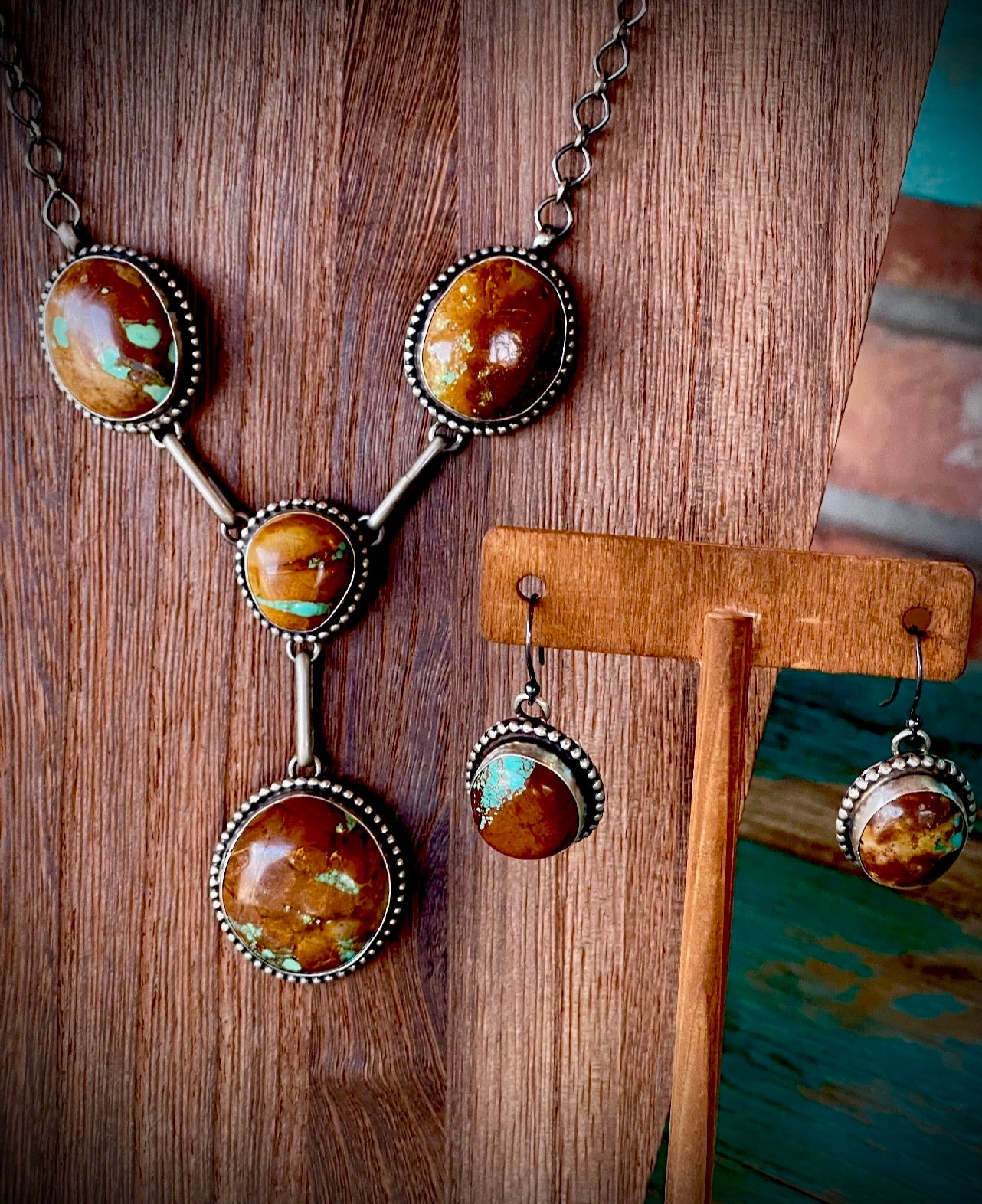 🔥CRAIGS SMOKIN’ HOT STEAL🔥 Sterling Silver Navajo Handmade Boulder Turquoise Lariat Necklace & Earrings Set🔥