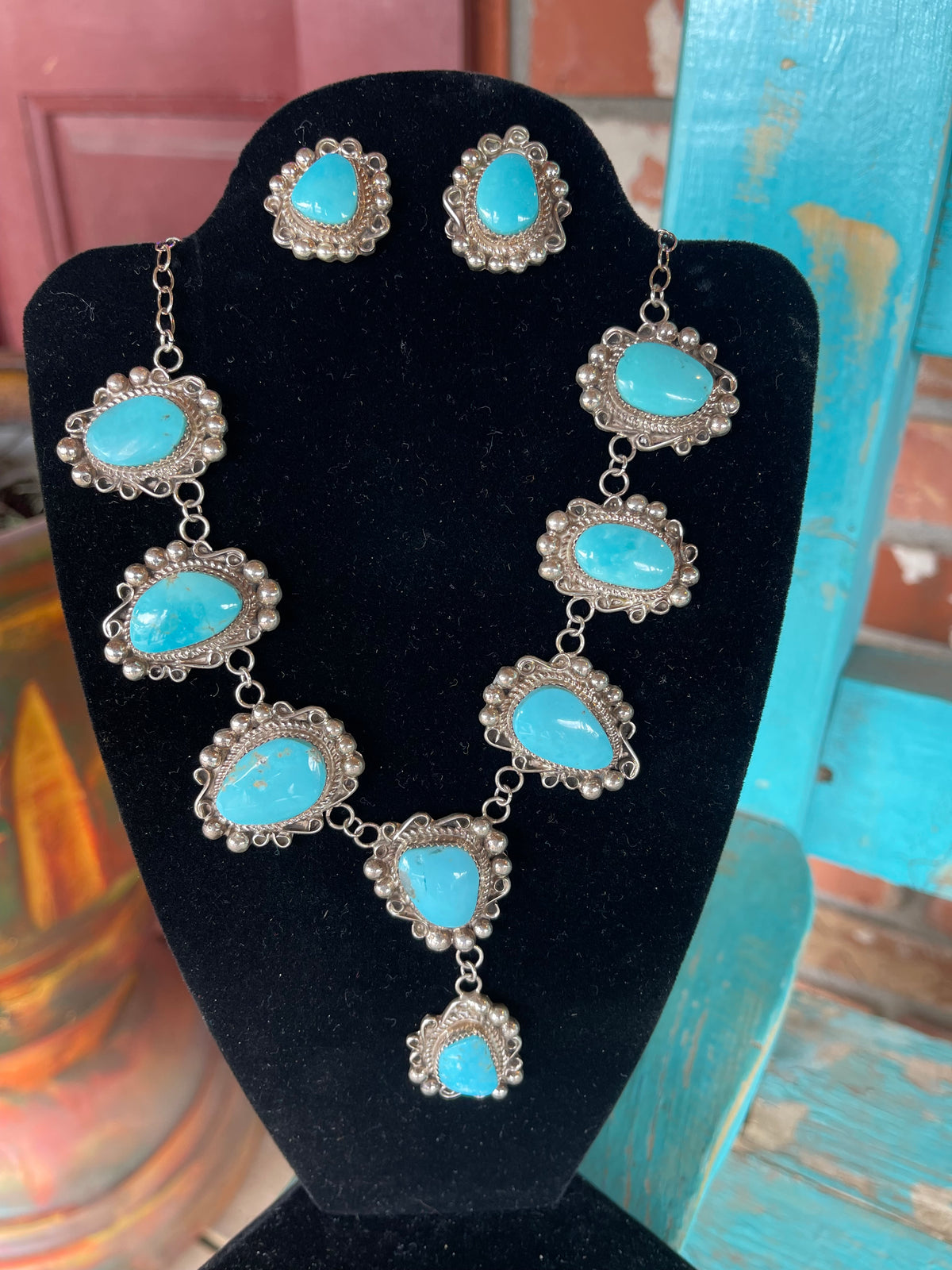 🔥CRAIGS SMOKIN’ HOT STEAL🔥 Sterling Silver Navajo Handmade Kingman Turquoise Necklace & Earrings Set🔥