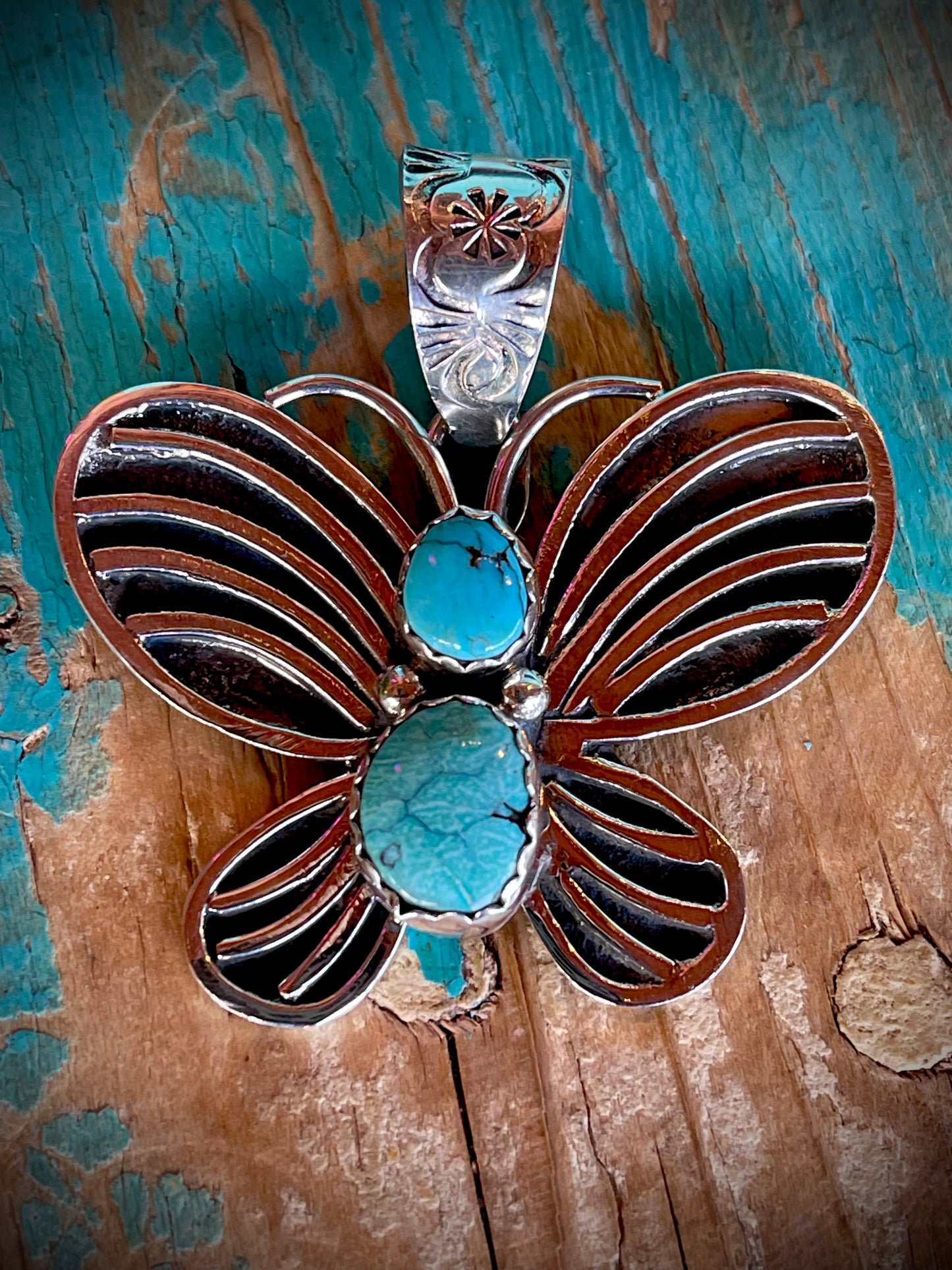 🔥CRAIG’S SMOKIN’ HOT STEAL🔥Sterling Silver Native American Handmade New Mexico Santa Rita Turquoise Butterfly Pendant🔥