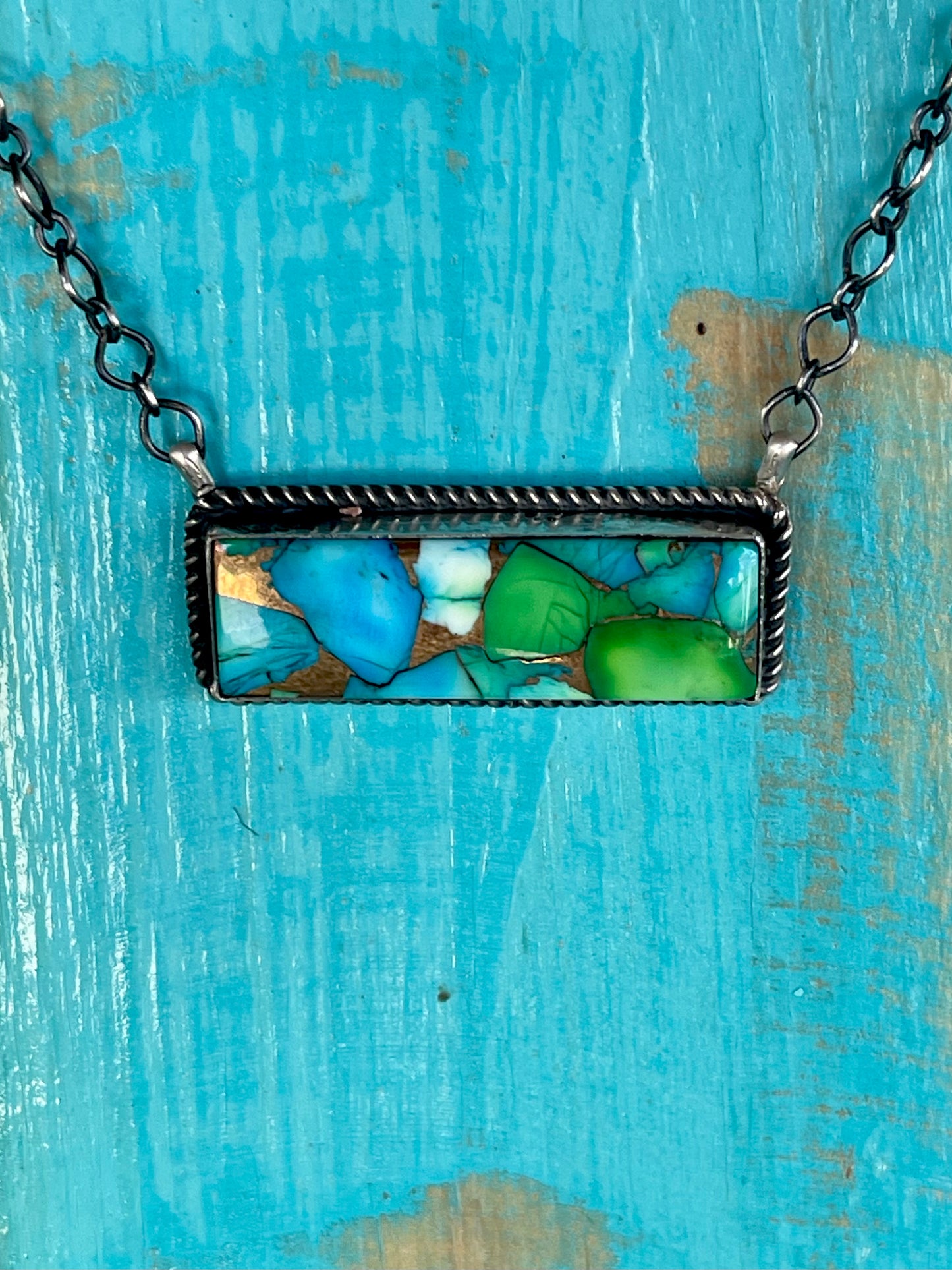 🔥CRAIGS SMOKIN’ HOT STEAL🔥Sterling Silver Navajo Handmade Peacock Mojave Bar Necklace🔥