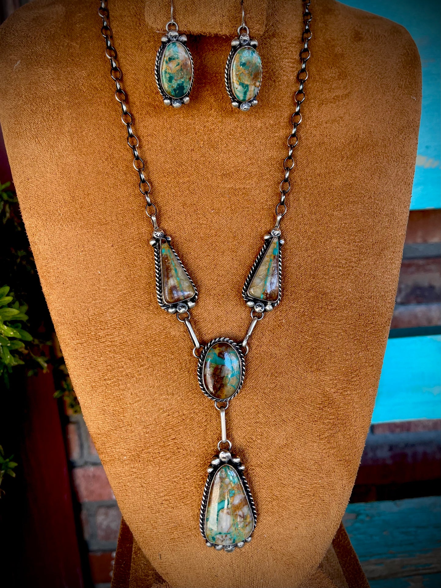 🔥CRAIGS SMOKIN’ HOT STEAL🔥 Sterling Silver Navajo Handmade Boulder Turquoise Lariat Necklace & Earrings Set🔥