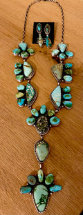 🔥CRAIGS SMOKIN’ HOT STEAL🔥 Sterling Silver Navajo Handmade Sonoran Gold Turquoise 36-Stone Cluster Lariat/Earring Set🔥