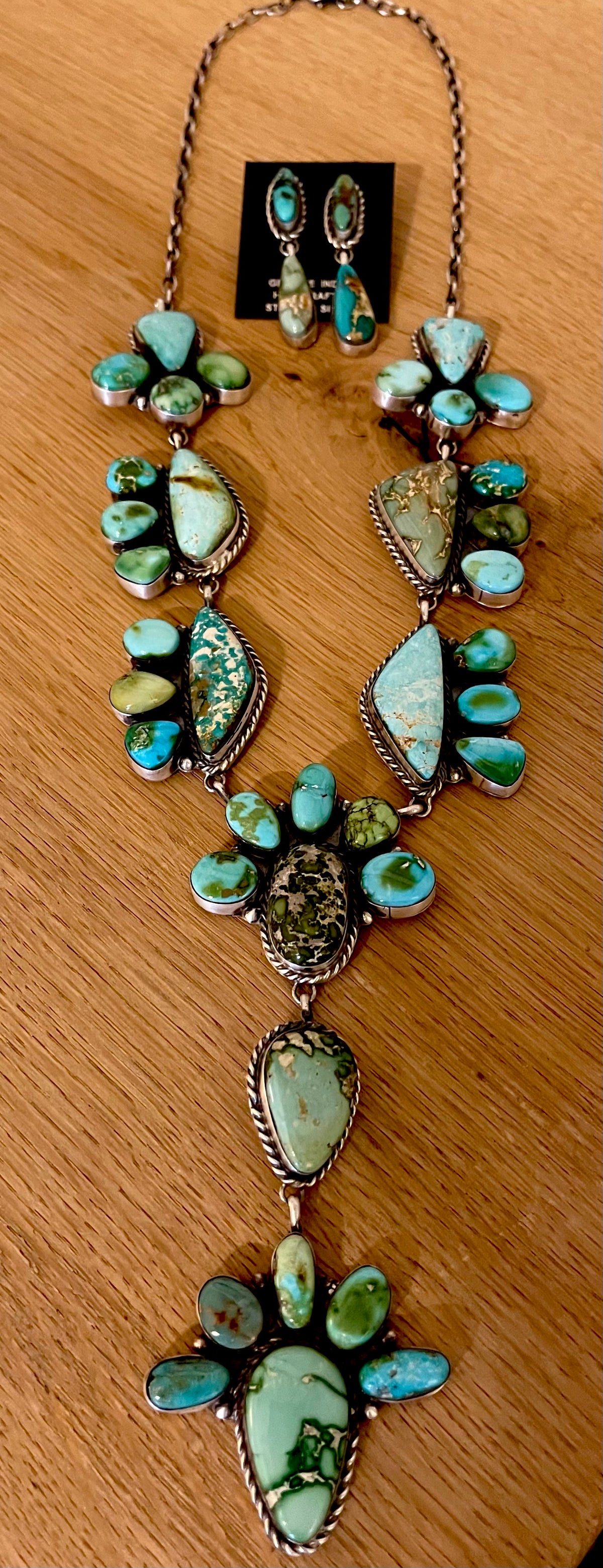 🔥CRAIGS SMOKIN’ HOT STEAL🔥 Sterling Silver Navajo Handmade Sonoran Gold Turquoise 36-Stone Cluster Lariat/Earring Set🔥