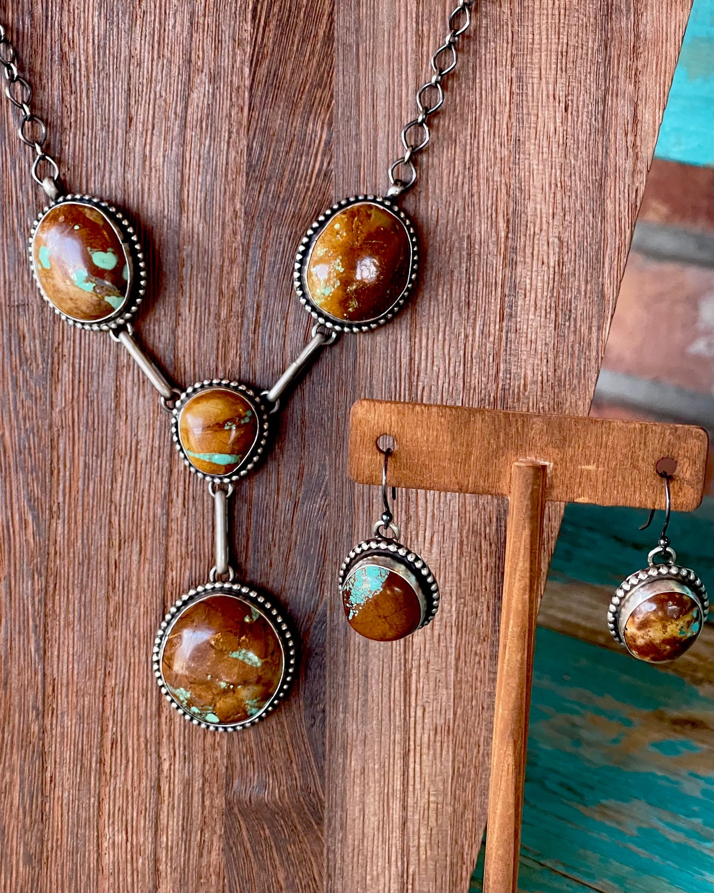 🔥CRAIGS SMOKIN’ HOT STEAL🔥 Sterling Silver Navajo Handmade Boulder Turquoise Lariat Necklace & Earrings Set🔥