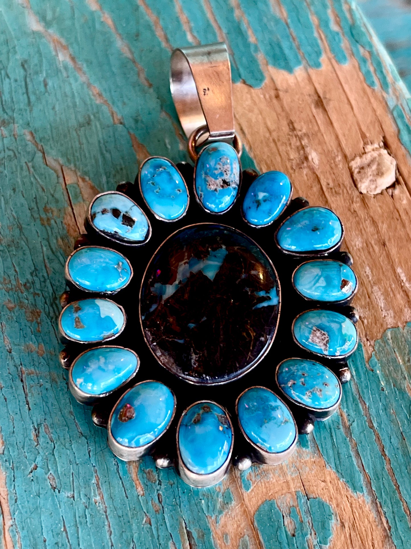🔥CRAIG’S SMOKIN’ HOT STEAL🔥Sterling Silver Navajo Handmade Blue Moon and Kingman Turquoise Cluster Pendant🔥