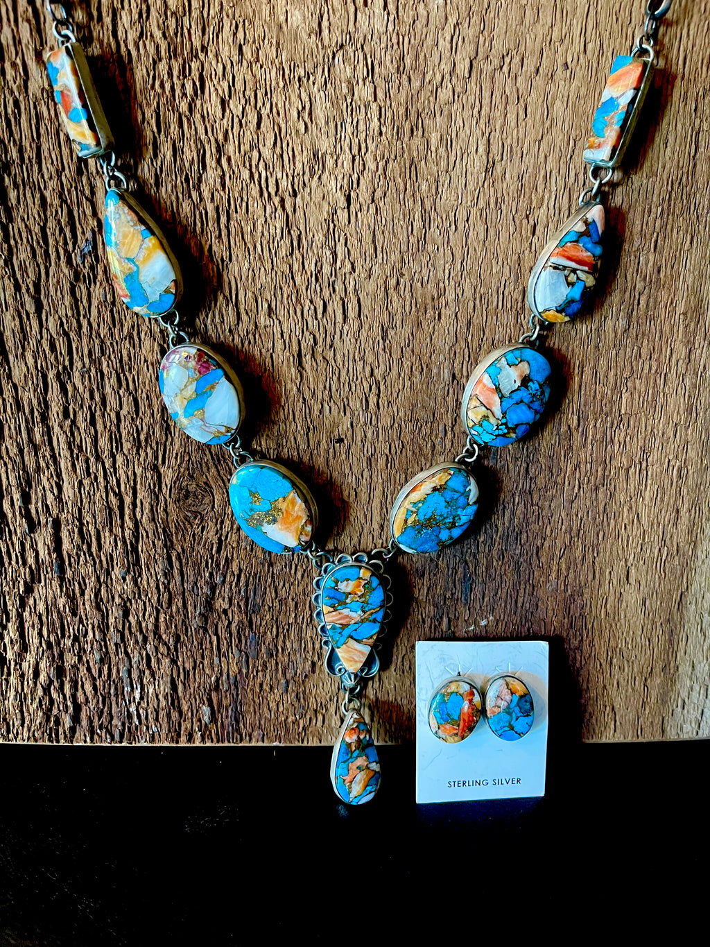 🔥CRAIGS SMOKIN’ HOT STEAL🔥 Sterling Silver Navajo Handmade Orange Spiny Oyster/Turquoise Mojave Lariat/Earring Set🔥