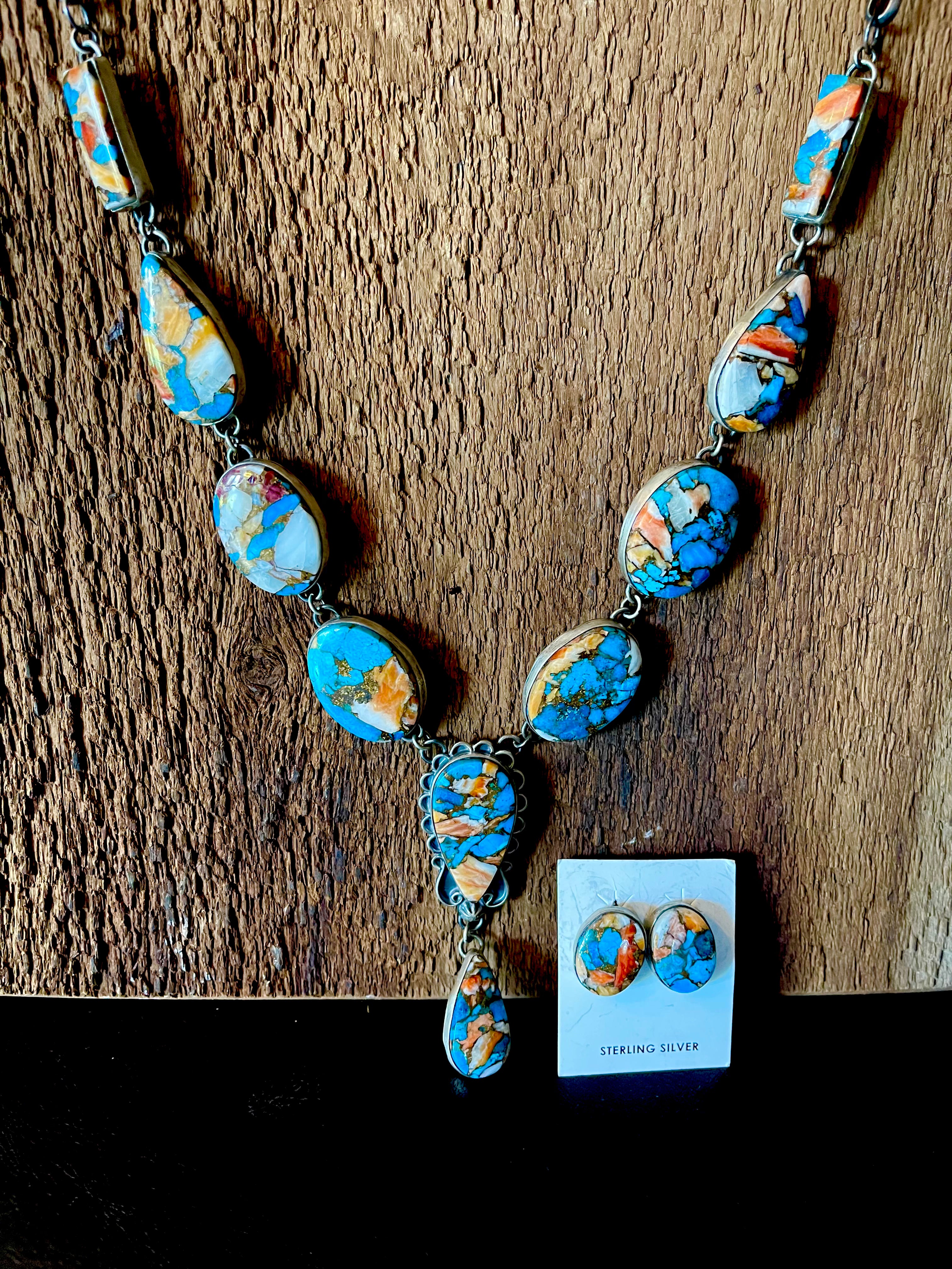 🔥CRAIGS SMOKIN’ HOT STEAL🔥 Sterling Silver Navajo Handmade Orange Spiny Oyster/Turquoise Mojave Lariat/Earring Set🔥