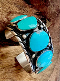 🔥CRAIGS SMOKIN’ HOT STEAL🔥Sterling Silver Navajo Handmade Kingman Turquoise 8-Stone Cuff🔥