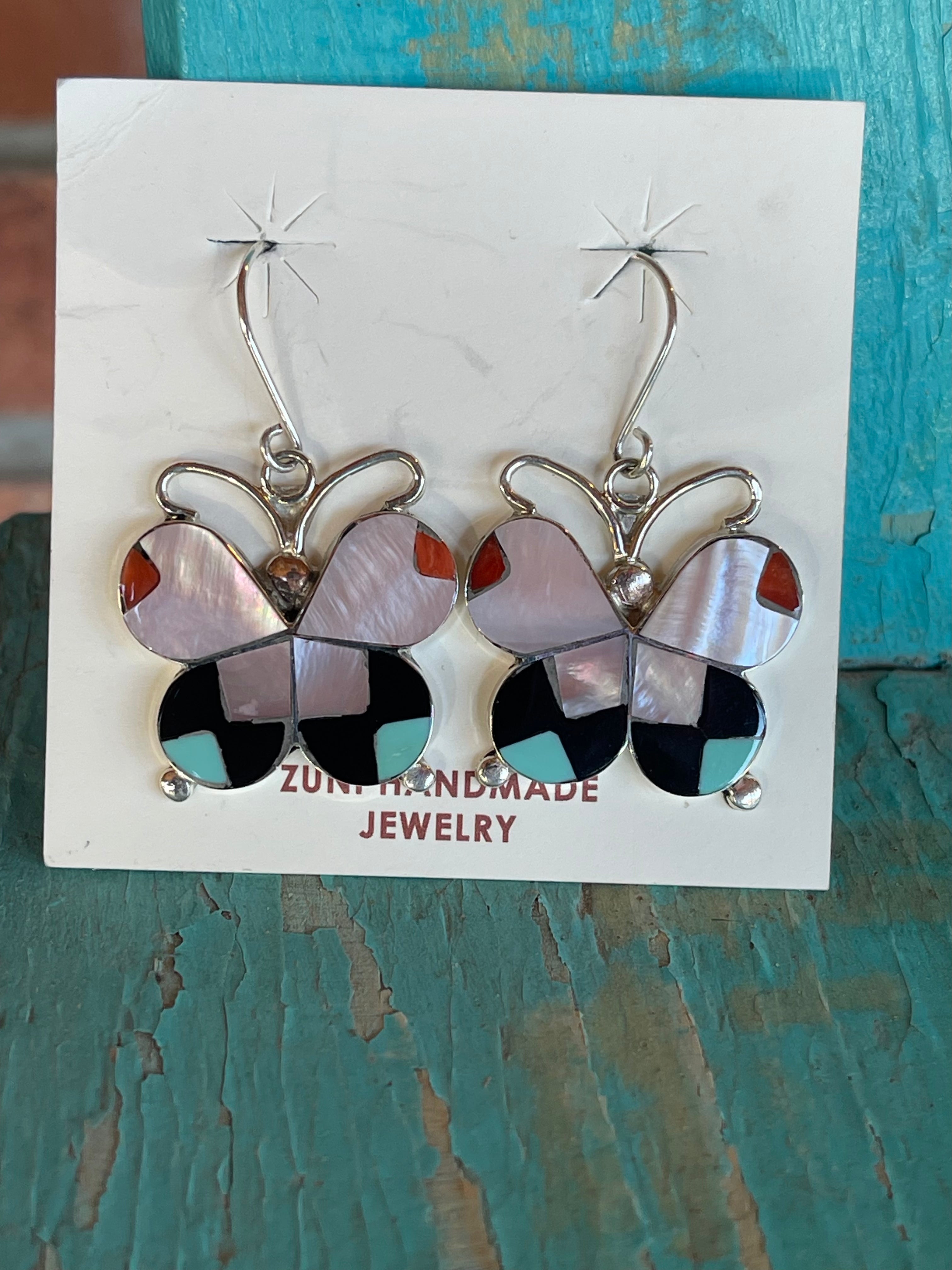 🔥CRAIGS SMOKIN’ HOT STEAL🔥 Sterling Silver Zuni Handmade Multi-Stone Inlay Butterfly French Hook Earrings🔥