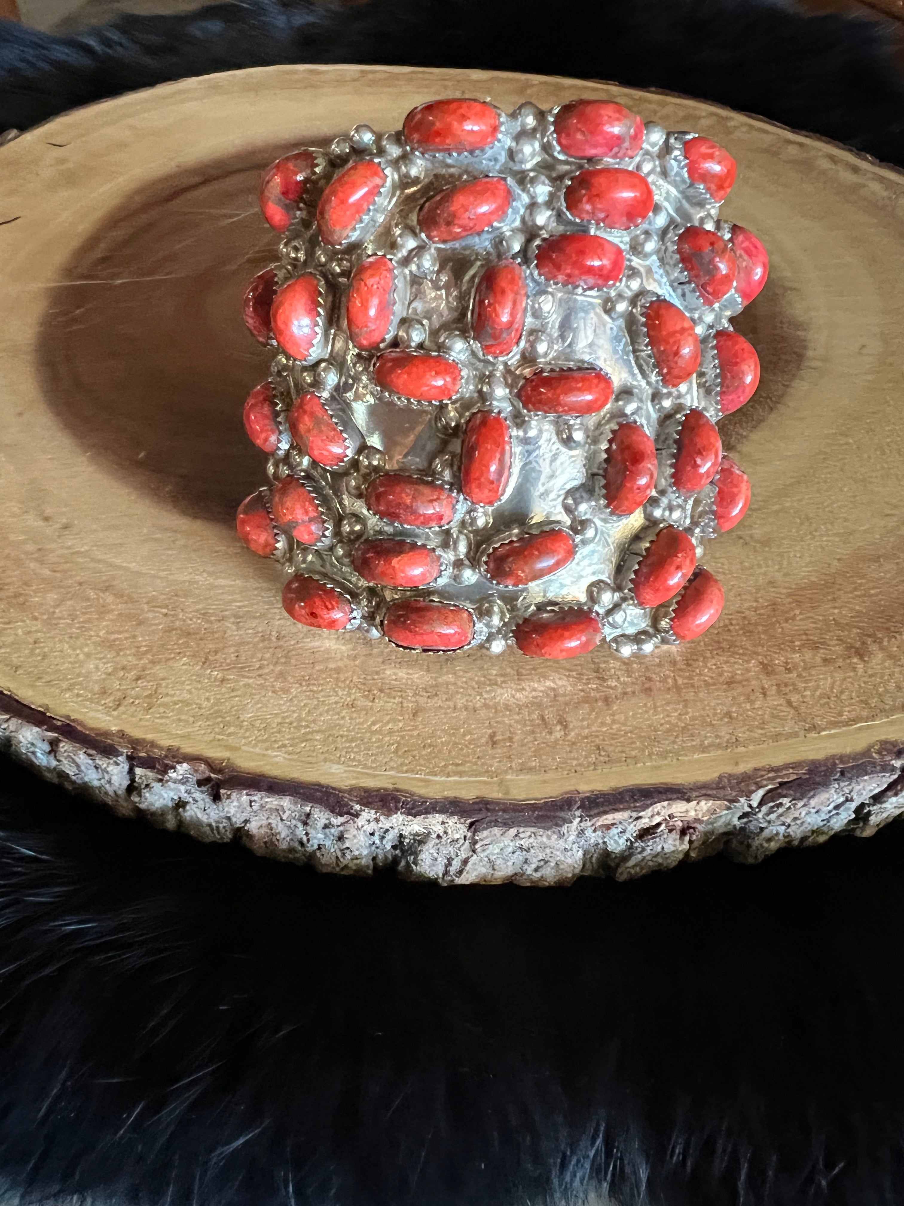 Vintage Navajo Apple Coral Cluster Cuff – 34 Cabochon Sterling Silver Bracelet | Cloudcroft NM