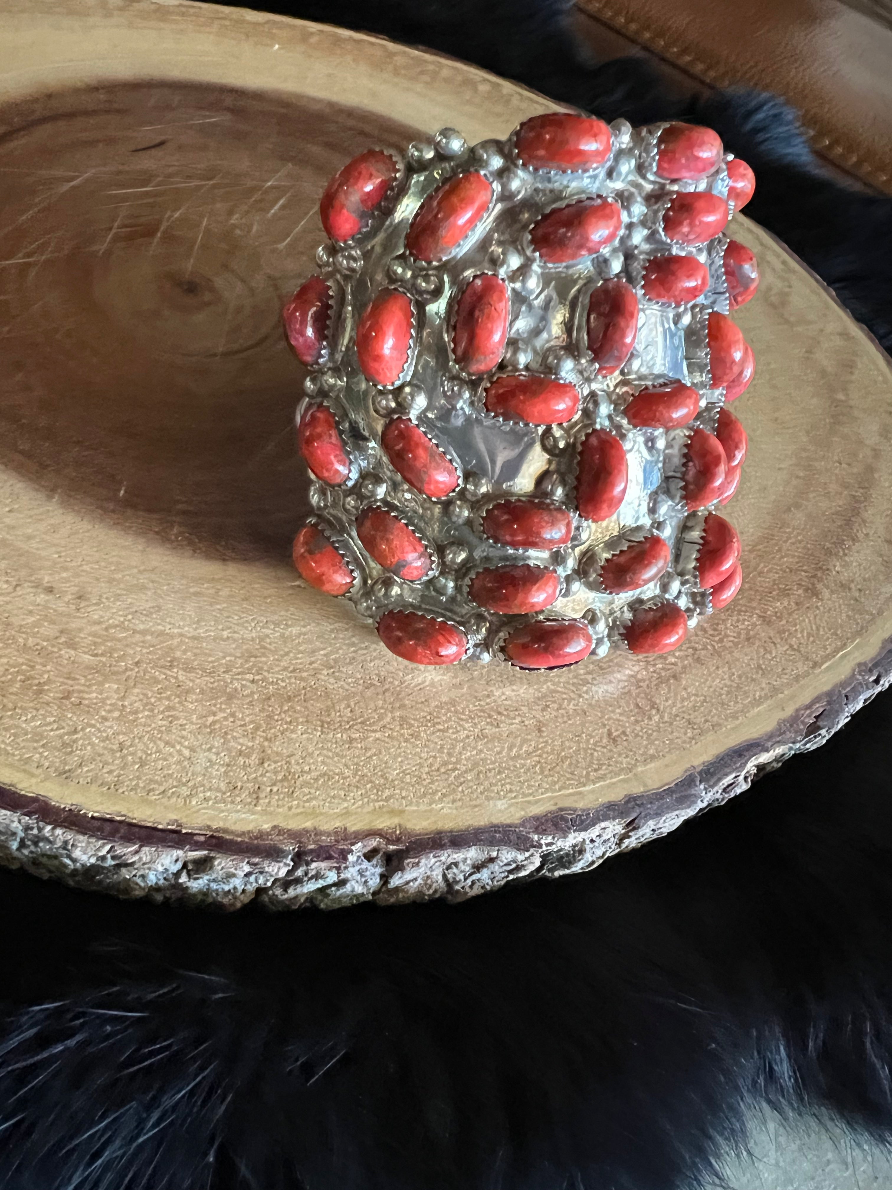Vintage Navajo Apple Coral Cluster Cuff – 34 Cabochon Sterling Silver Bracelet | Cloudcroft NM