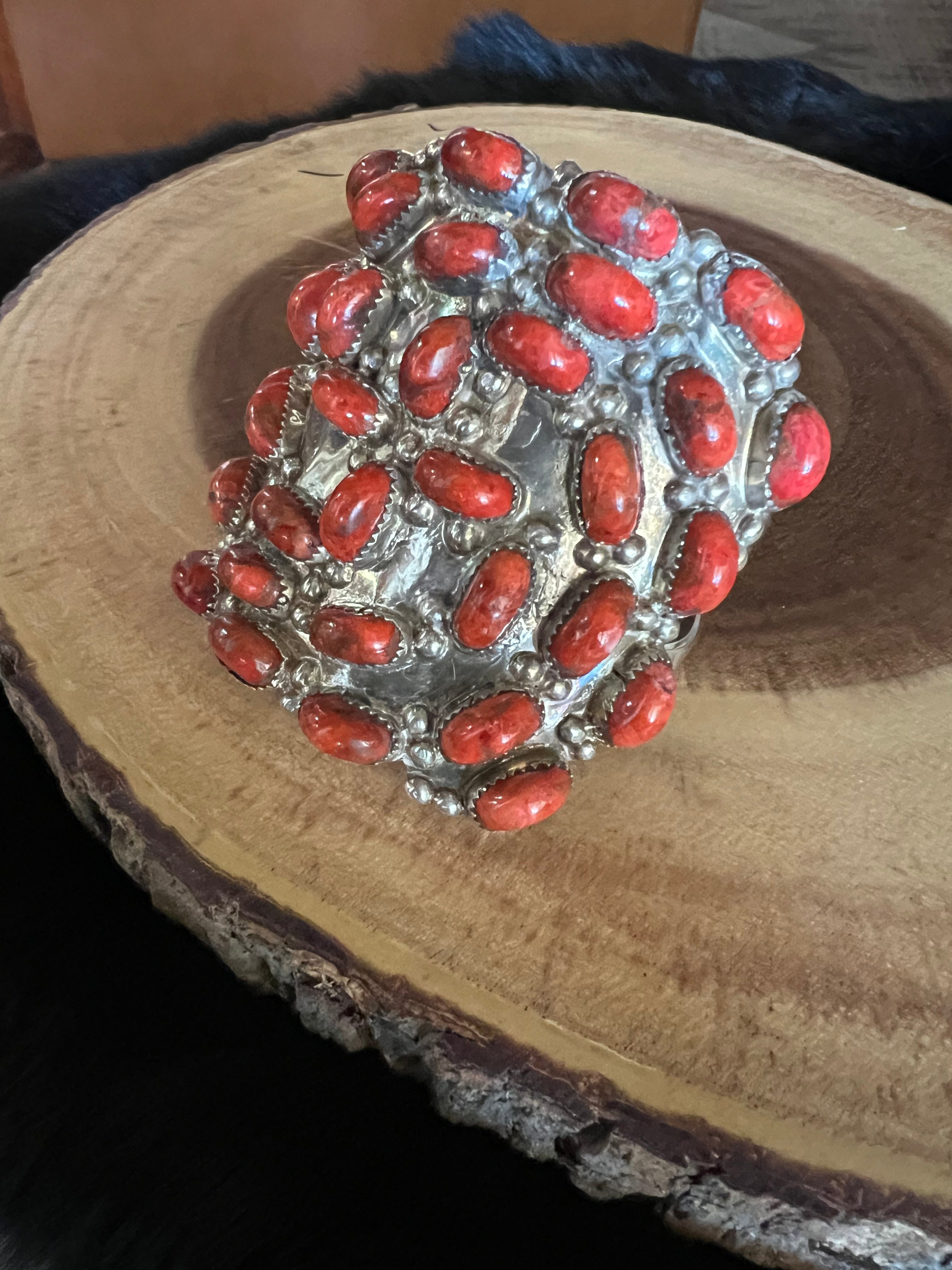 Vintage Navajo Apple Coral Cluster Cuff – 34 Cabochon Sterling Silver Bracelet | Cloudcroft NM