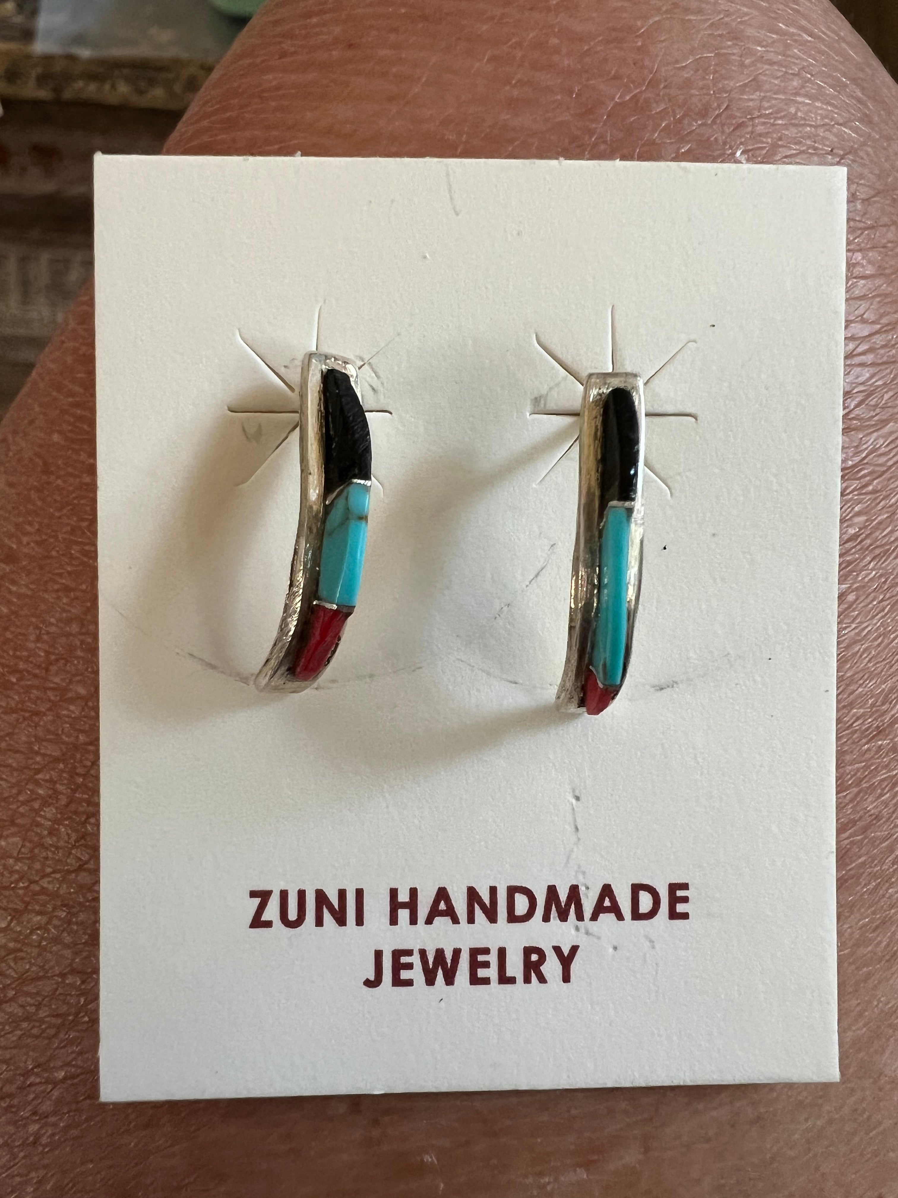 Coral black jet and turquoise half hoop earrings