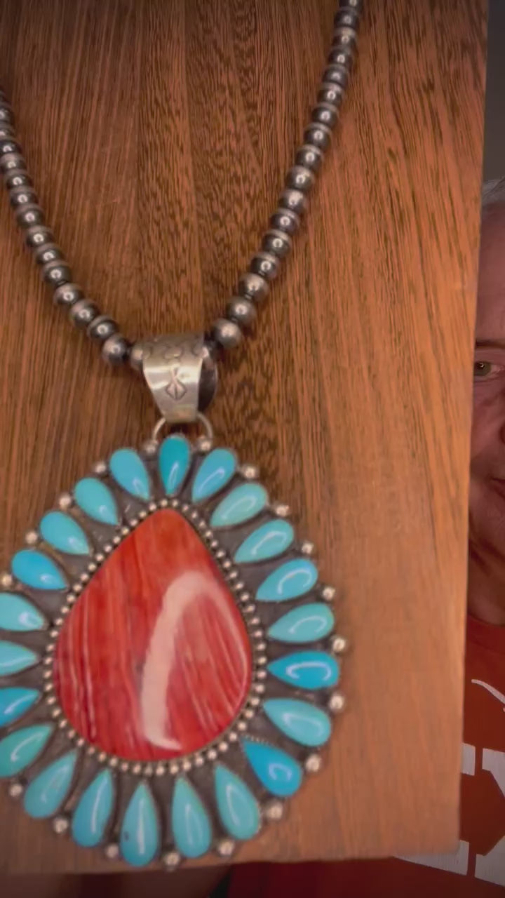 🔥CRAIG’S SMOKIN’ HOT STEAL🔥Sterling Silver Navajo Handmade Rare Sleeping Beauty Turquoise and Orange Spiny Oyster Pendant🔥 (Pendant Only)
