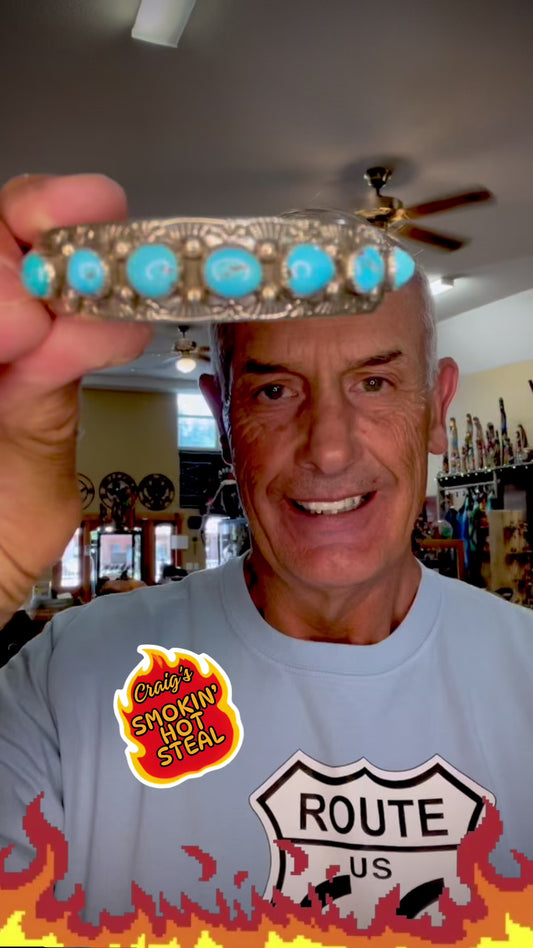 🔥CRAIGS SMOKIN’ HOT STEAL🔥Sterling Silver Navajo Handmade Kingman Turquoise 7-Stone Cuff🔥