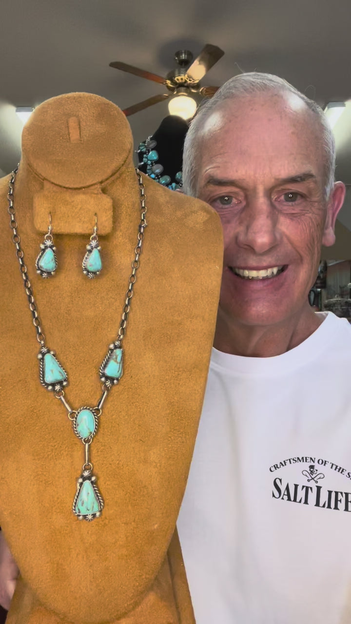 🔥SOLD🔥CRAIGS SMOKIN’ HOT STEAL🔥 Sterling Silver Navajo Handmade Kingman Turquoise Lariat Earring Set🔥