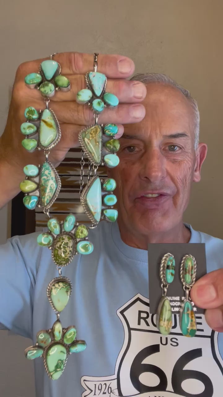 🔥CRAIGS SMOKIN’ HOT STEAL🔥 Sterling Silver Navajo Handmade Sonoran Gold Turquoise 36-Stone Cluster Lariat/Earring Set🔥