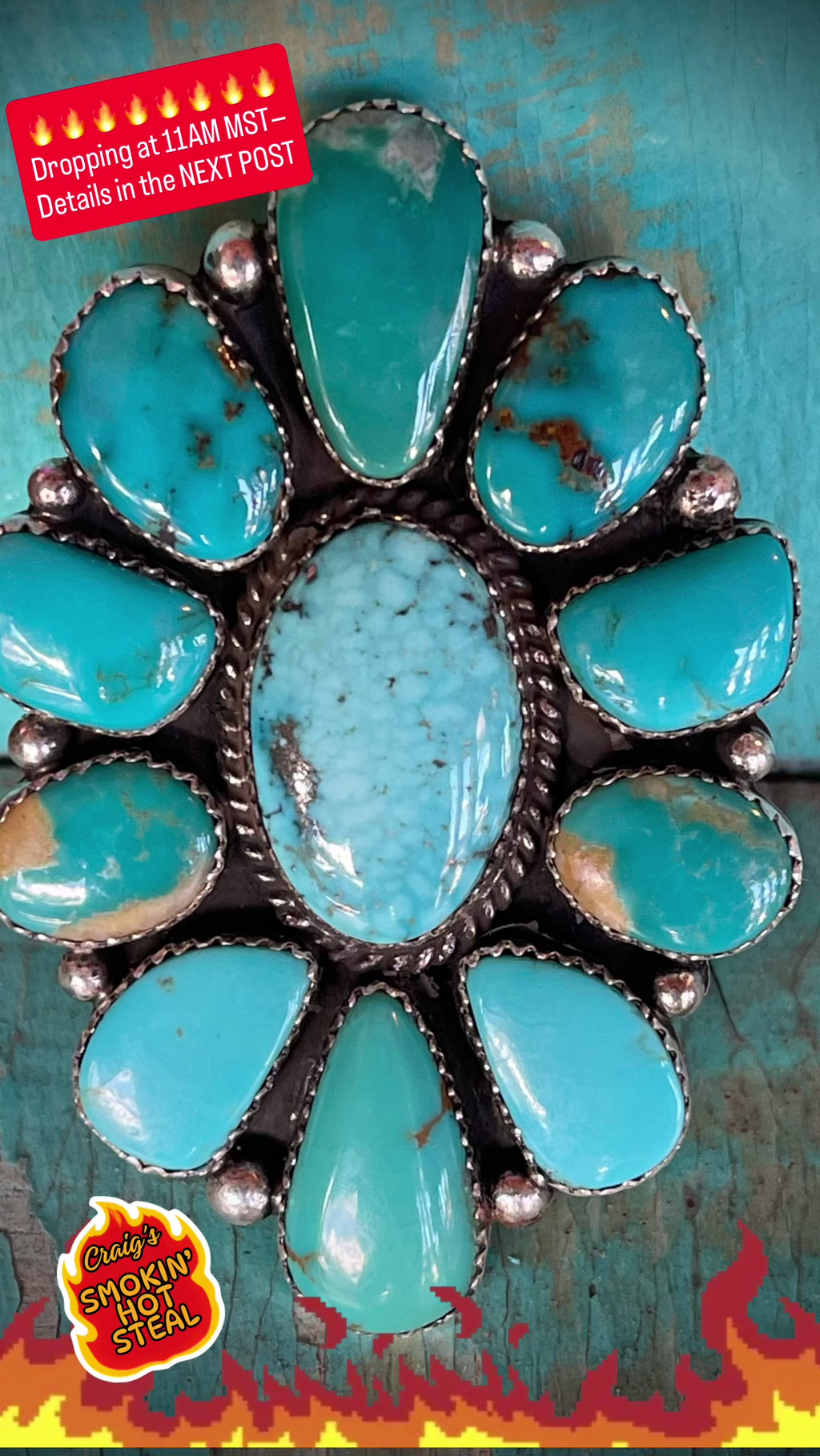 🔥CRAIG’S SMOKIN’ HOT STEAL🔥Sterling Silver Navajo Handmade Kingman Turquoise Adjustable Cluster Ring🔥