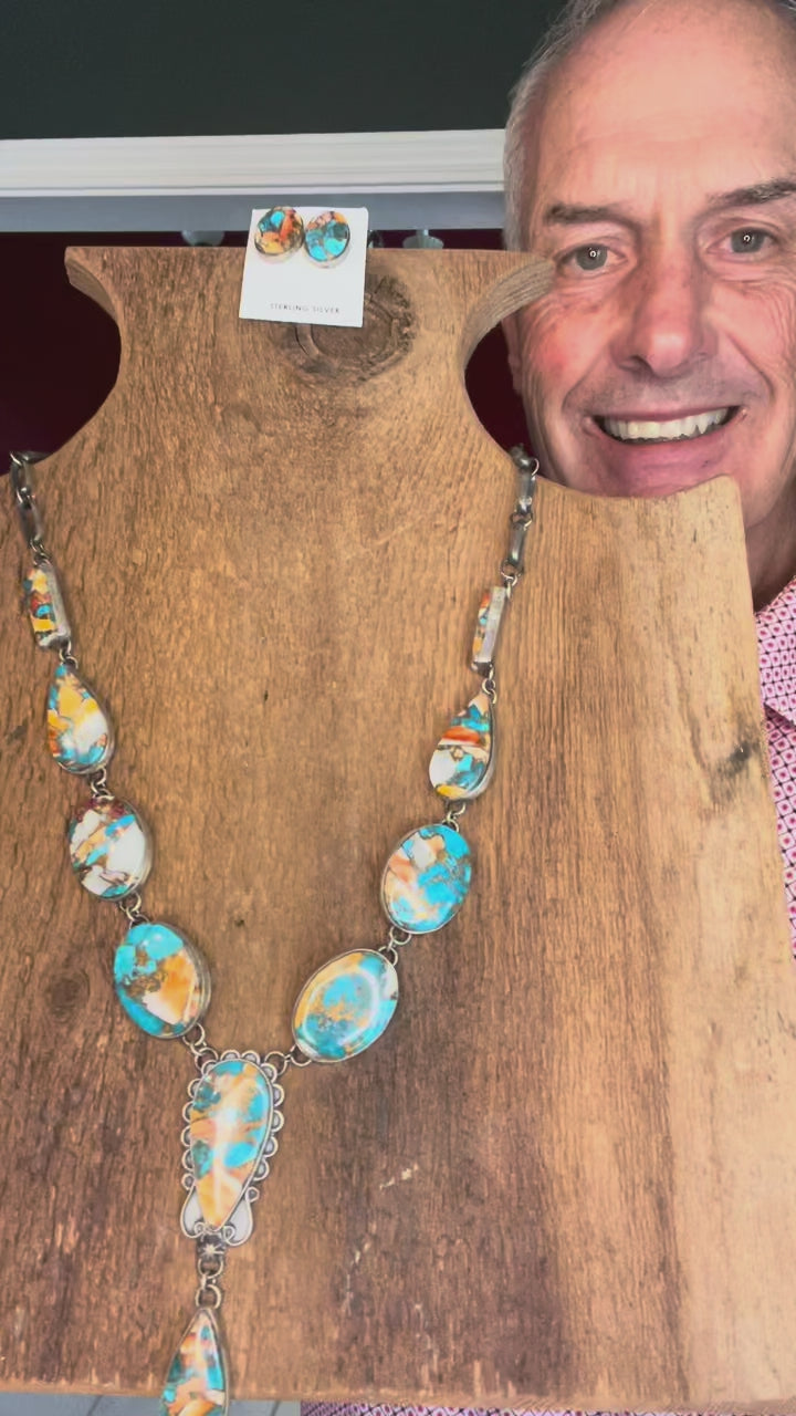 🔥CRAIGS SMOKIN’ HOT STEAL🔥 Sterling Silver Navajo Handmade Orange Spiny Oyster/Turquoise Mojave Lariat/Earring Set🔥