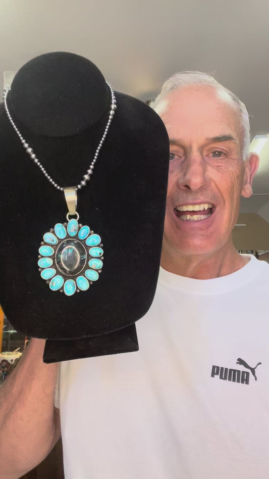 🔥CRAIG’S SMOKIN’ HOT STEAL🔥Sterling Silver Navajo Handmade Blue Moon and Kingman Turquoise Cluster Pendant🔥