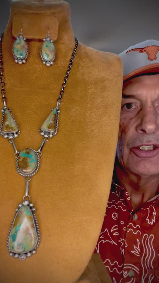 🔥CRAIGS SMOKIN’ HOT STEAL🔥 Sterling Silver Navajo Handmade Boulder Turquoise Lariat Necklace & Earrings Set🔥
