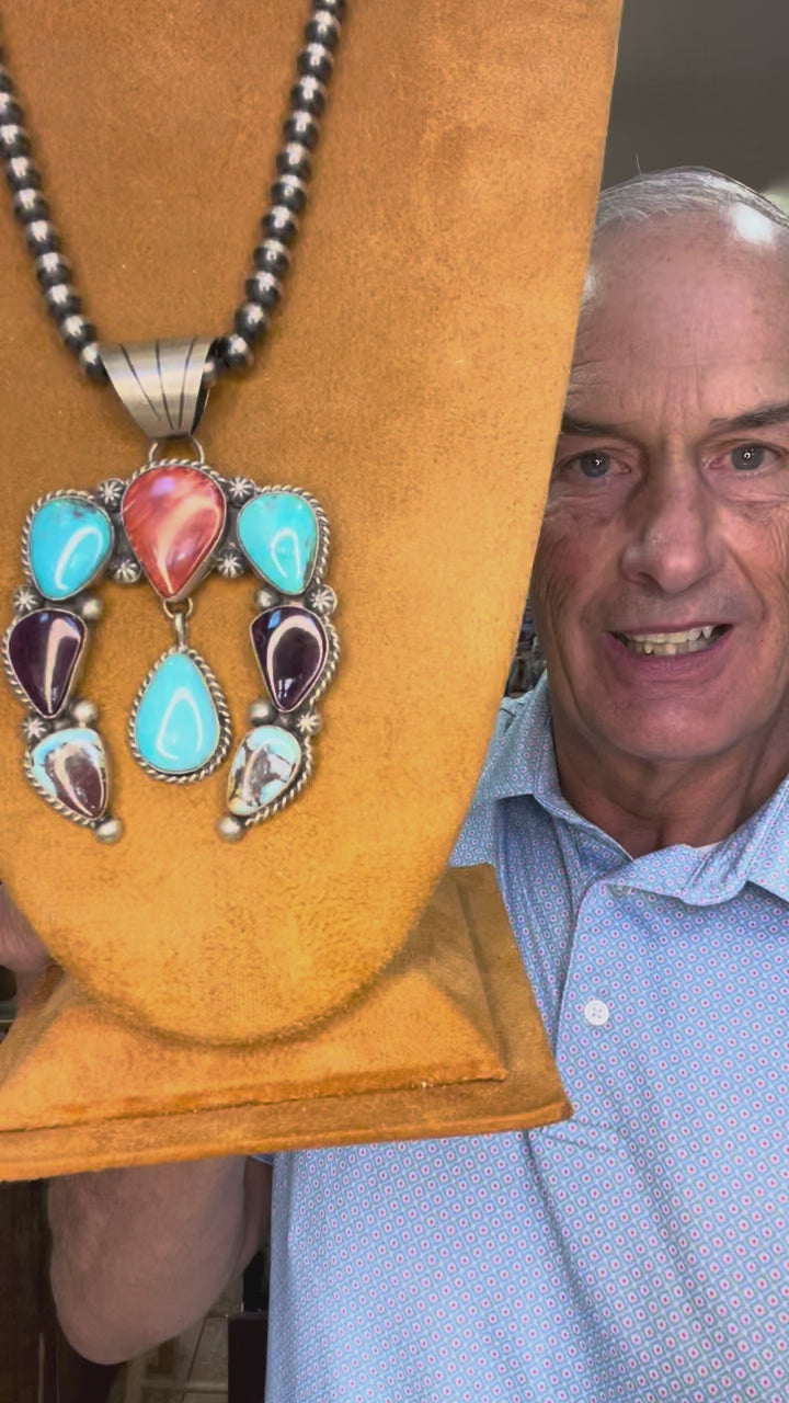 🔥CRAIG’S SMOKIN’ HOT STEAL🔥Sterling Silver Navajo Handmade Kingman Turquoise, Spiny Oyster, Golden Hills Turquoise Naja Pendant - (Pendant only)