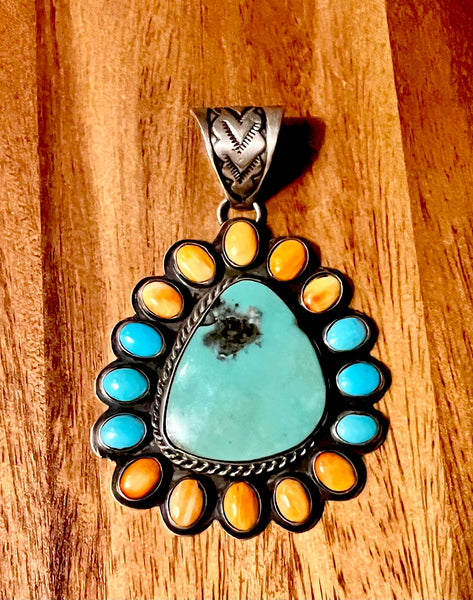 Turquoise and Spiny Oyster Cluster Pendant